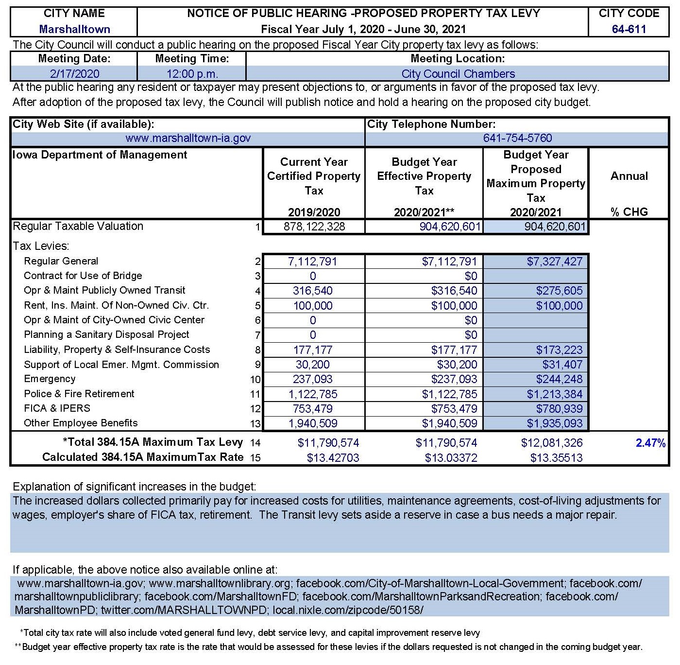 Public Hearing Notice for Maximum Budget, February 17, 2020