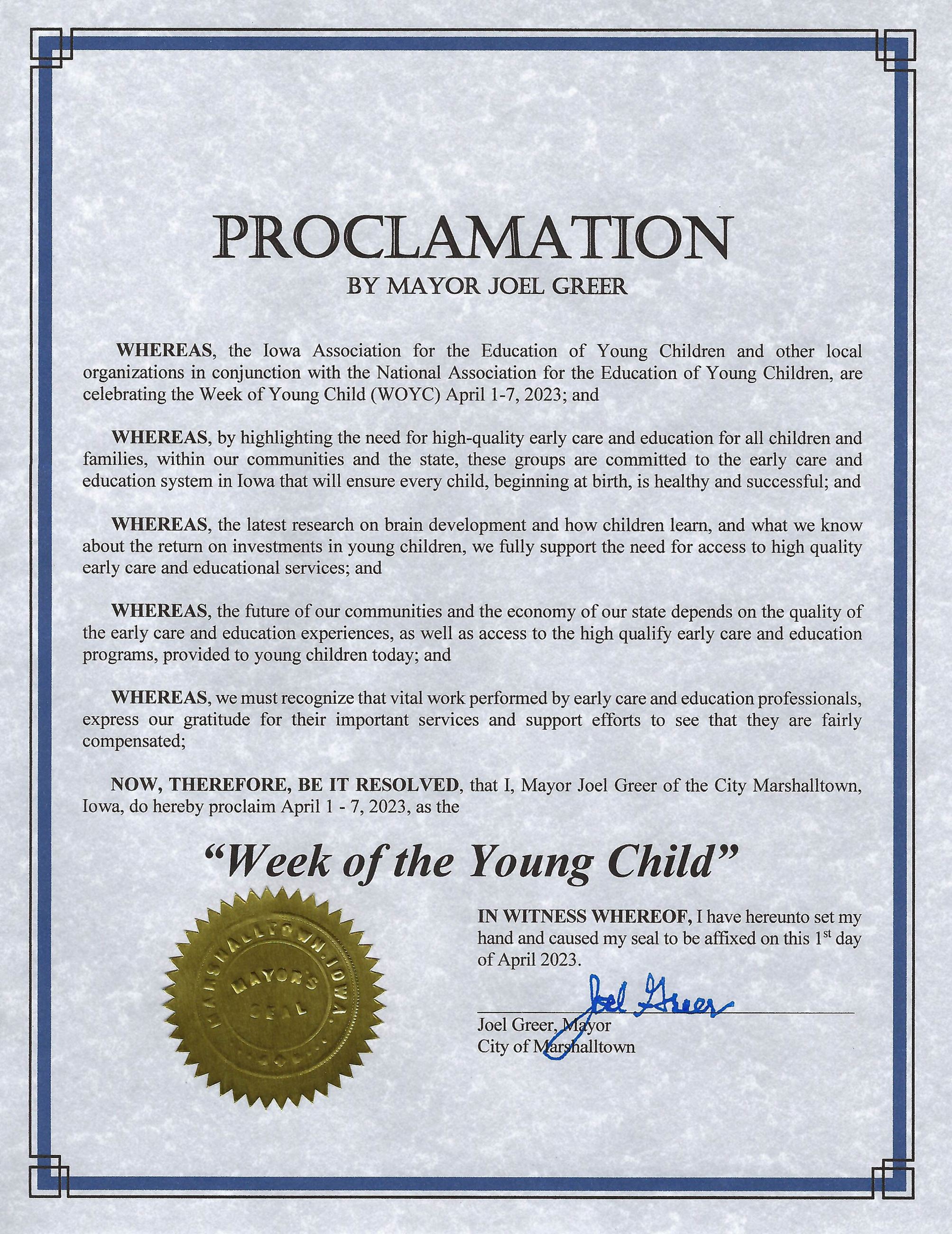 2023-04-01 Week of the Young Child Proclamation