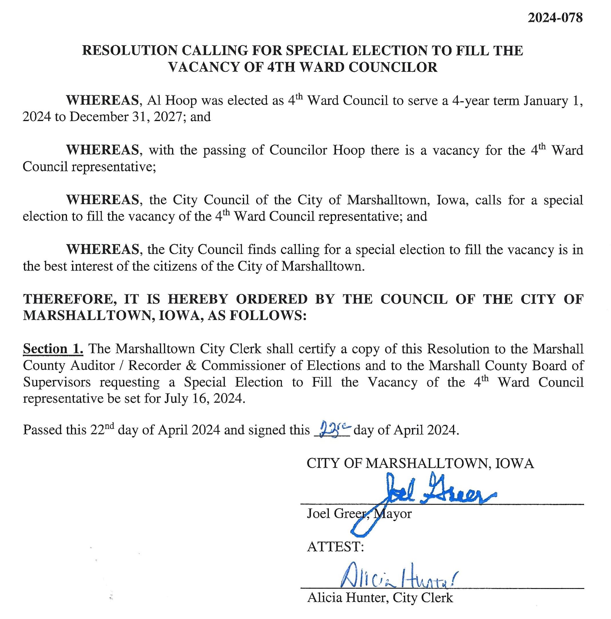 2024-04-22_2024-078_SIGNED Resolution Calling Special Election 4th Ward Vacancy1